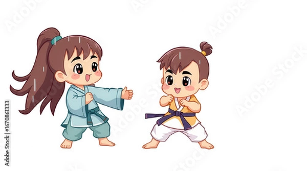 Fototapeta Two young children in martial arts uniforms are engaged in a playful sparring match showcasing their enthusiasm and skills in a studio setting