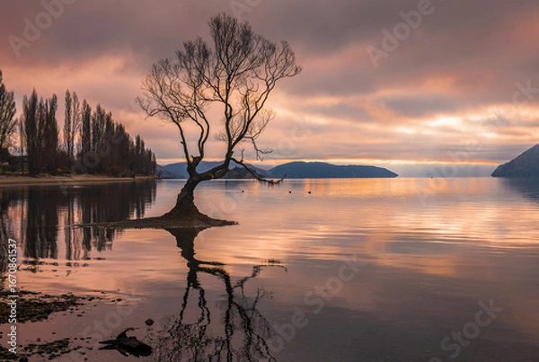 Obraz Lake Wanaka Tree - winter sunset