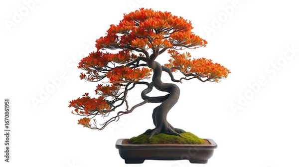 Fototapeta This stunning bonsai tree showcases a twisting trunk and vibrant orange foliage perfectly highlighting the beauty of nature in autumns embrace