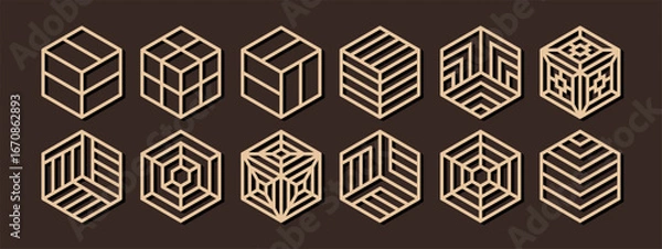 Fototapeta Set of laser cut hexagon shape coaster templates with geometrical ornament. Cnc cutting with metal, wood, paper, glass, leather, engraving. Abstract geometric decorative panel design