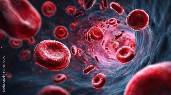 Fototapeta digital illustration depicting a dynamic scene of red blood cells flowing through a blood vessel.