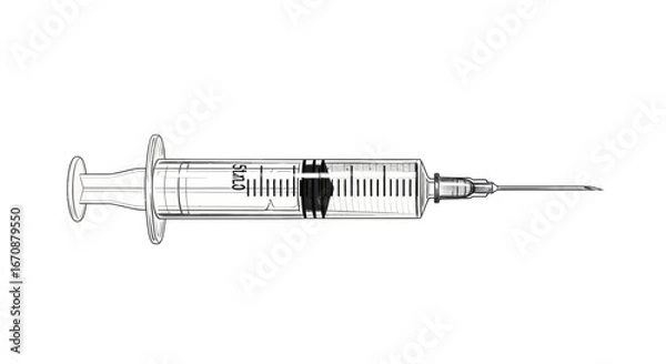 Fototapeta Monochrome illustration of a syringe on a stark white background