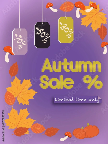 Fototapeta Autumn Sale banner advertising flyer design. Bright autumn poster with colofur fall elements. Template for advertising, web, social media, banner, flyer.