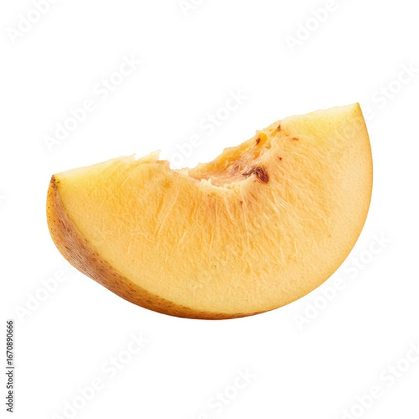 Obraz Juicy peach slice with a bite taken, perfect for summer recipes and healthy eating promotions