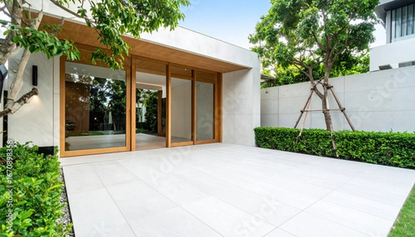Obraz Modern house exterior with large glass sliding door and wooden frame, surrounded by green trees and bushes, bright spacious patio with white tiles and concrete wall