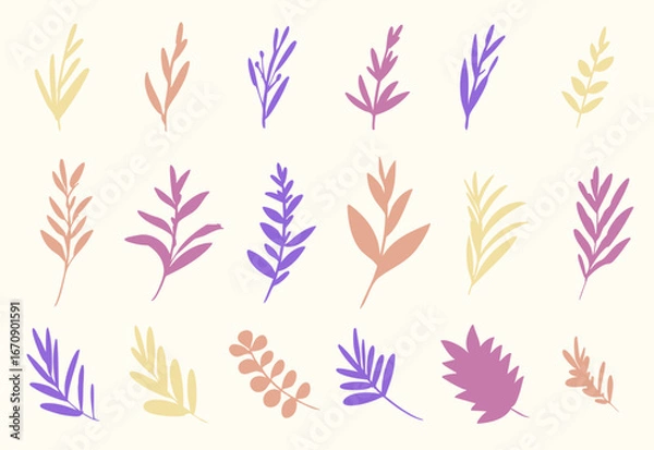 Fototapeta カラフルな植物シルエットの手書きイラストセット　ベクター