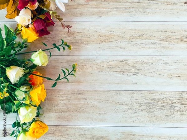 Fototapeta background of colorful pink flowers on wood and with space for text representing spring