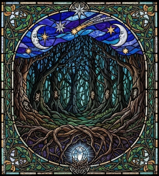 Fototapeta Dark enchanted forest scene with twisted trees under mystical starry night sky featuring moon phases within ornate Celtic border frame artwork design