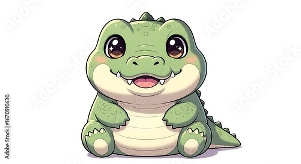 Fototapeta Cute happy cartoon baby alligator sitting isolated on white background playful reptile character