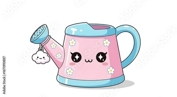 Obraz Cute kawaii pink watering can with smiling face isolated on white background for gardening
