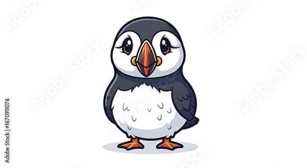 Obraz Cute cartoon puffin bird standing isolated on white background adorable