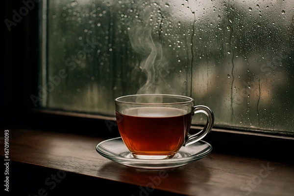 Fototapeta Hot tea in glass cup by rainy window