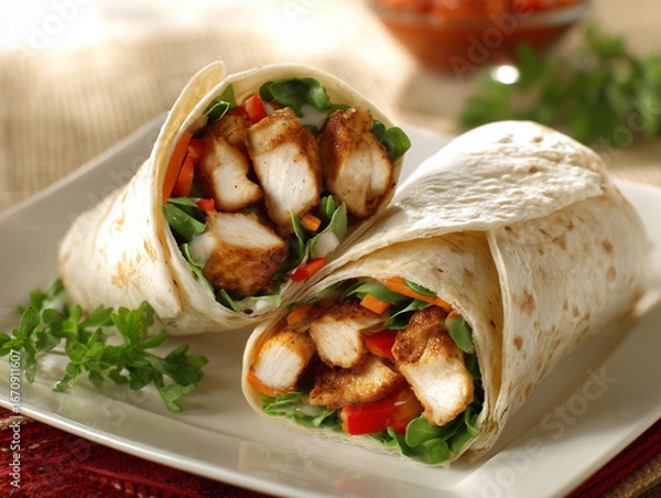 Obraz Two chicken wraps presenting grilled chicken, salad, and red peppers on a white plate