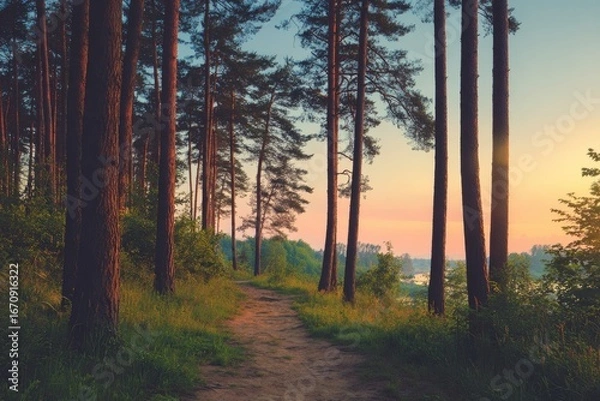 Fototapeta Rustic path through pine forest at sunrise