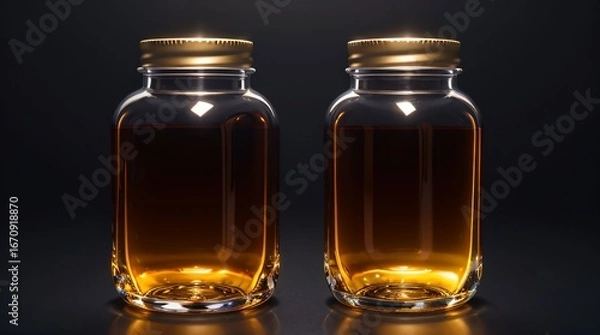 Fototapeta 深みのある琥珀色が輝く美しいガラス瓶のペア