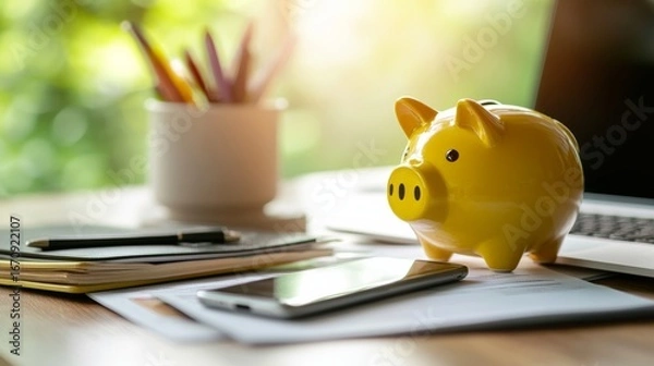 Fototapeta Financial planning action with a yellow piggy bank home office setting savings strategies bright environment close-up view budgeting concept