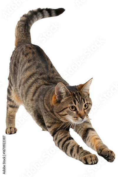 Fototapeta Adorable Brown Tabby Cat Stretching with Upward Tail on Transparent Background Perfect for Pet Related Designs and Animal Themed Projects Featuring Domesticated Felines