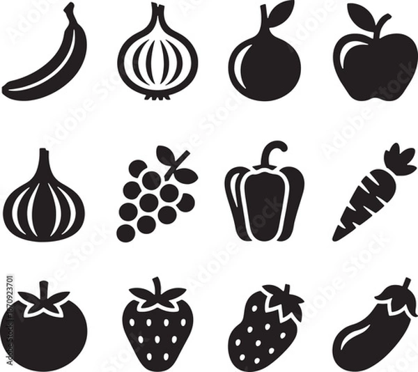 Obraz Collection of twelve black and white fruit and vegetable icons symbols food