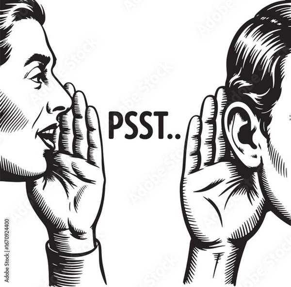 Obraz Man Whispering Secret Message to Another Man in Vintage Style gossip rumor