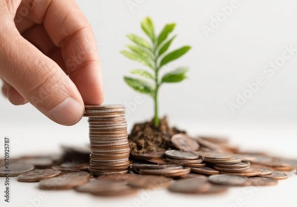Fototapeta Hand placing coin on stack, small plant in soil, many coins