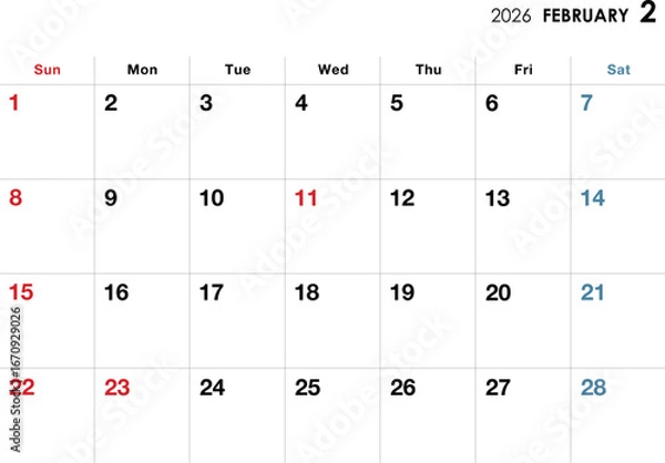 Fototapeta 2026年2月カレンダー　横向き