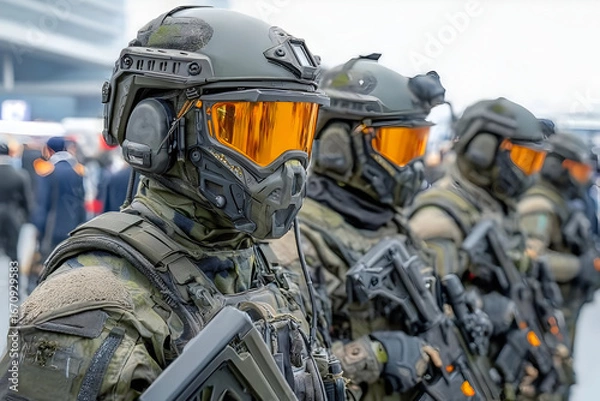 Fototapeta A close-up view of armed soldiers in tactical gear, showcasing their detailed equipment and uniforms. The soldiers stand alert, ready for action.