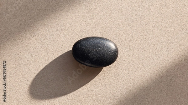 Fototapeta Single black river stone with soft matte finish centered on light sand-colored backdrop, calm minimalist layout with lots of negative space
