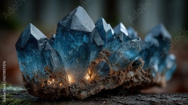 Fototapeta Blue crystal cluster resting on a dark surface with a blurred background.