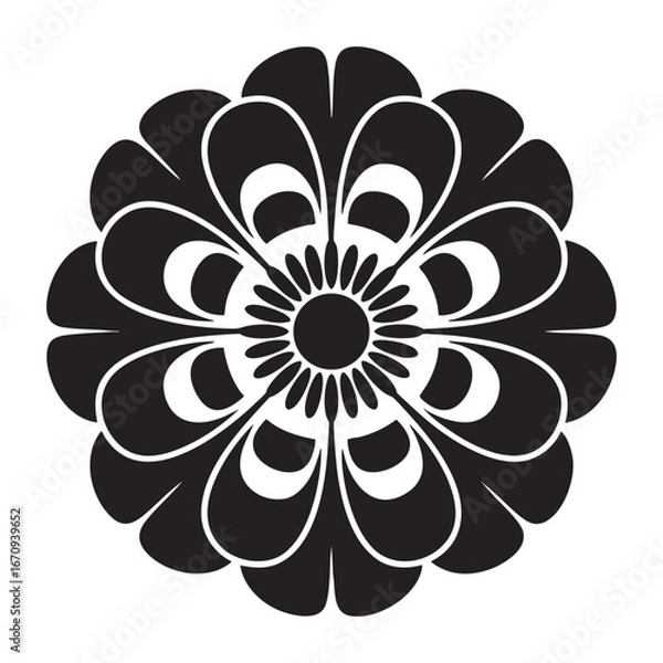 Fototapeta Poppy Flower Mandala Sticker Illustration Featuring Bold Black Radial Symmetry Silhouette On White Background