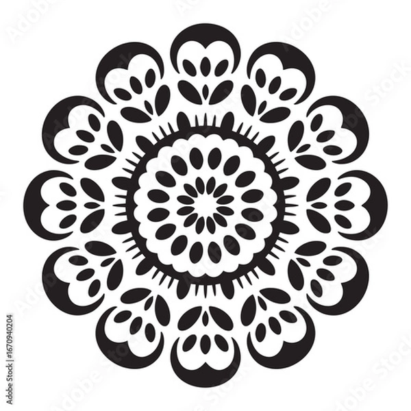 Fototapeta Intricate Mandala Silhouette Artwork Featuring Dense Floral And Geometric Cluster In Bold Black On White Canvas