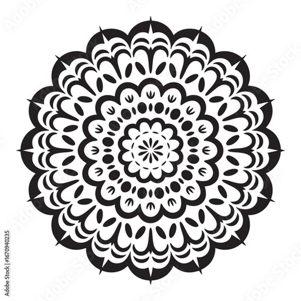 Fototapeta Intricate Mandala Silhouette Pattern With Dense Floral And Geometric Cluster Centered On White Background