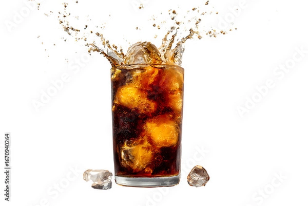 Fototapeta Refreshing Glass of Carbonated Beverage with Ice Cubes Splashing in Dark Liquid on Black Background