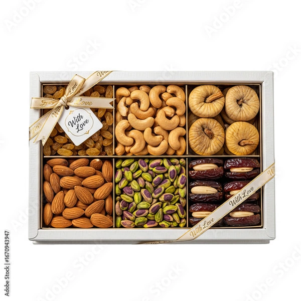 Obraz Gifting box of assorted Indian dry fruits featuring nuts and dried fruits on a white background