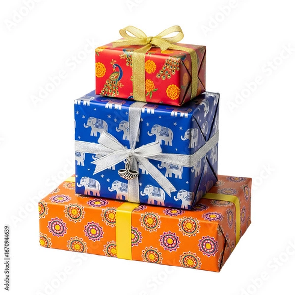 Obraz Festive stack of Diwali gifts wrapped in colorful paper isolated on white background
