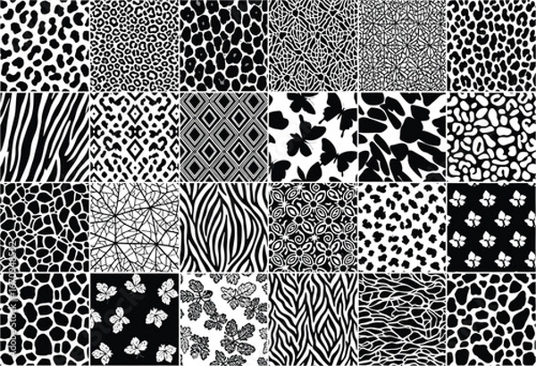 Fototapeta Collage of various black and white animal print patterns including leopard cheetah zebra and cow spots