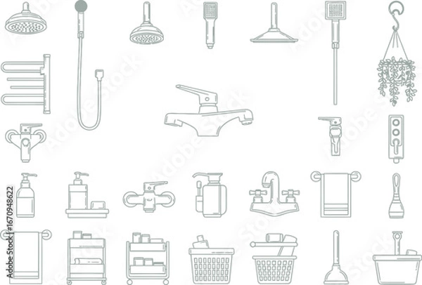 Fototapeta Collection of hand drawn bathroom fixtures and accessories featuring faucets toilets and shower heads in a clean sketch style