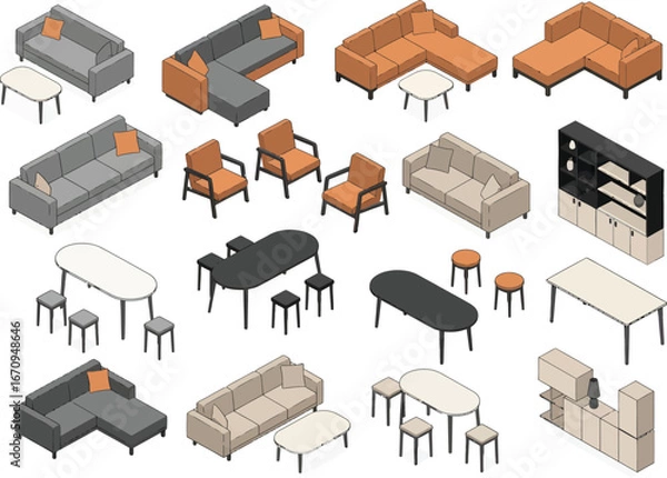 Fototapeta Collection of modern isometric furniture including sofas armchairs dining tables and shelving units for interior design