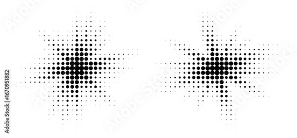 Obraz Halftone burst effect, dot pattern texture, abstract explosion splash isolated on white. Vector illustration.