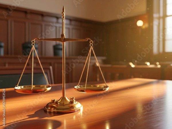 Fototapeta Golden Scales of Justice on a Wooden Desk in a Courtroom