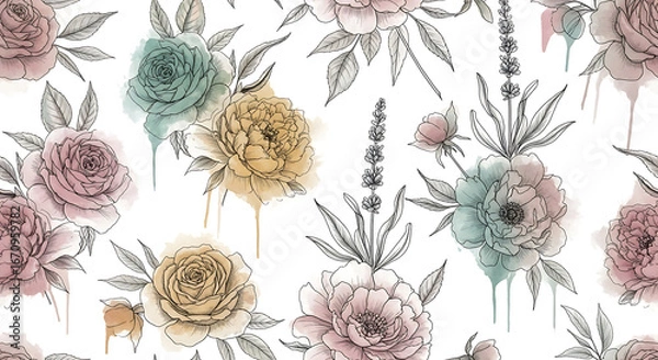 Fototapeta Elegant seamless pattern of handdrawn flowers with soft pastel watercolor washes.