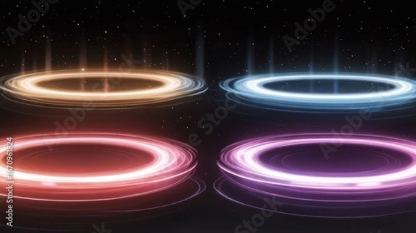 Fototapeta A digital illustration of four glowing circular portals in various colors against a starry background.