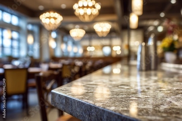 Fototapeta Granite countertop in sharp focus with blurred restaurant interior