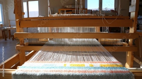 Fototapeta A wooden loom is actively engaged in creating a colorful woven textile, showcasing the traditional craft of weaving within a bright, airy studio environment.