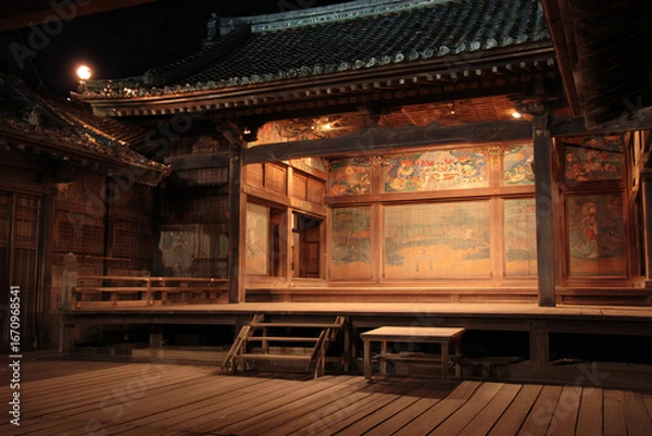 Obraz 夜に照らされた伝統的な能舞台の風景