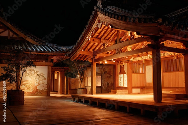 Obraz 夜に照らされた伝統的な能舞台の風景