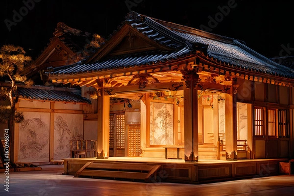 Obraz 夜に照らされた伝統的な能舞台の風景