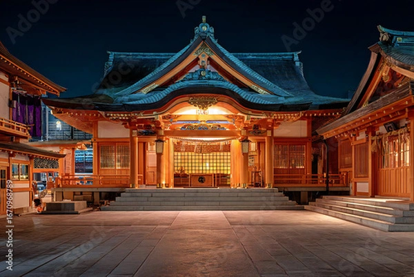 Obraz 夜に照らされた伝統的な能舞台の風景