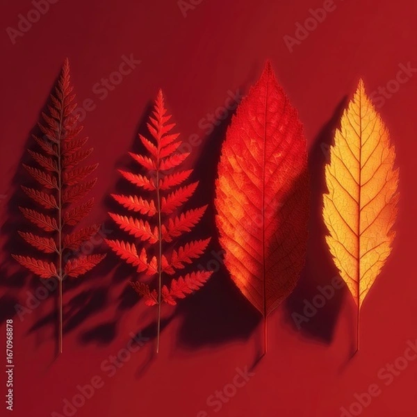 Obraz Four autumn leaves, varying shades of red and gold, on a deep burgundy background