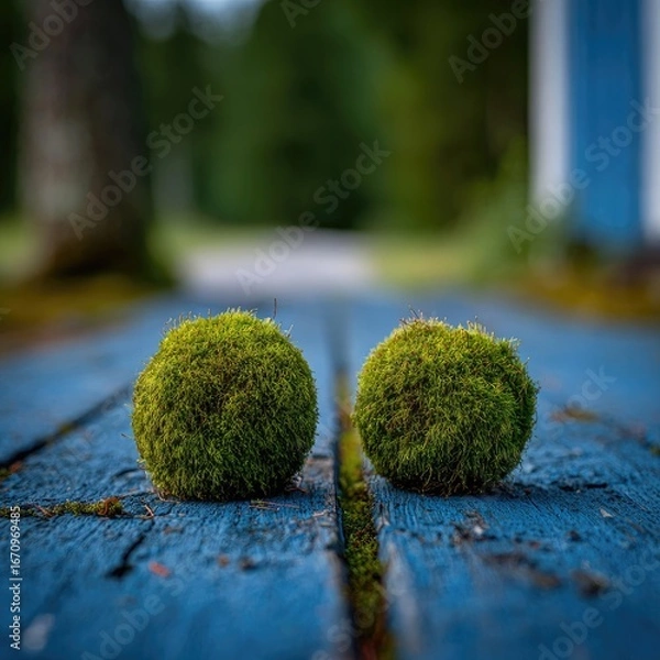 Obraz Two moss balls sit on a weathered blue wooden boardwalk.  Blurred background of trees and out of focus building