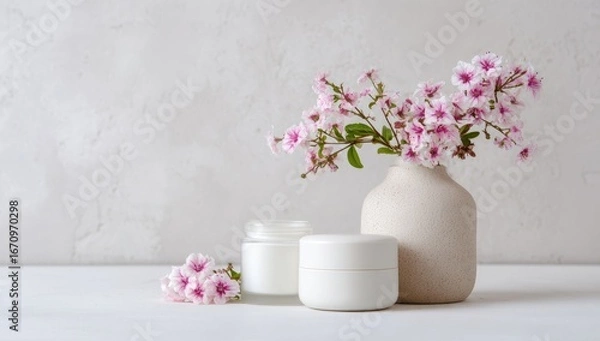 Obraz Cream jars and pink flowers on a white surface